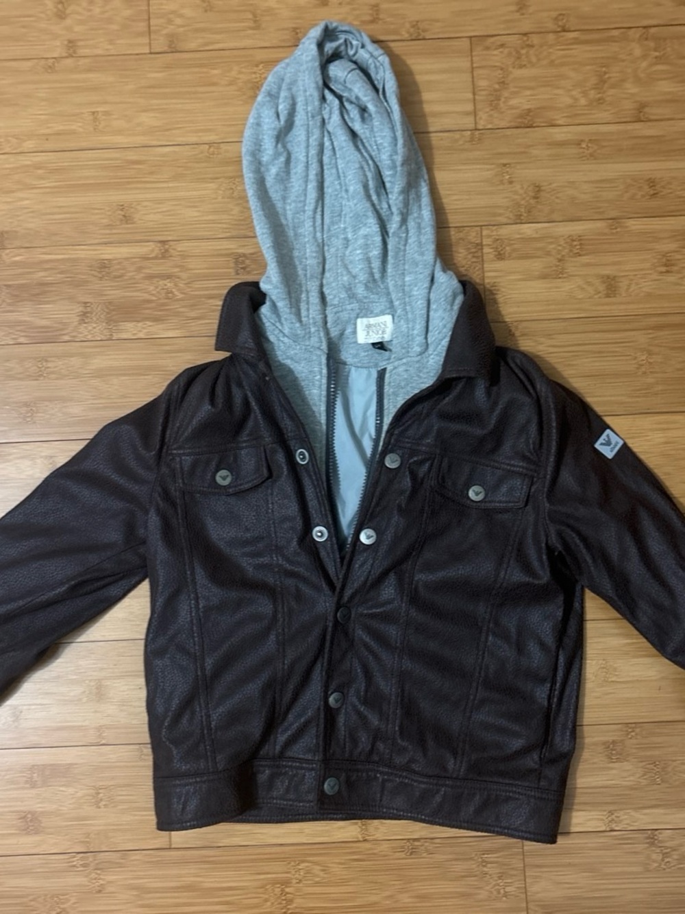 Armani Junior Brown Kids Faux-Leather Jacket with Gray Hood